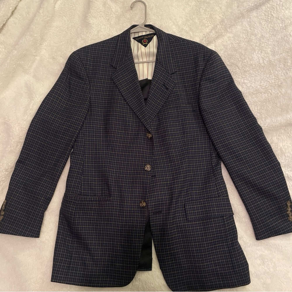 Tommy Hilfiger Plaid Dark Blue Wool Blazer Made in the USA